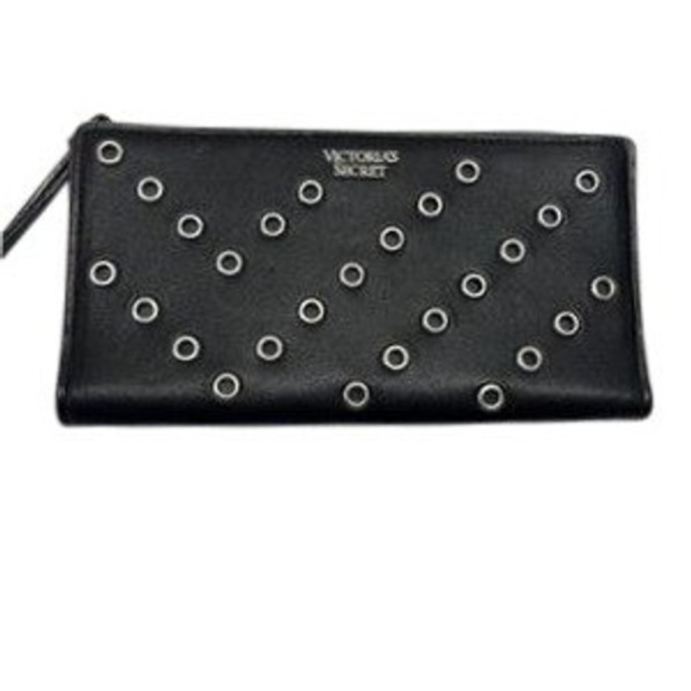 Victoria's Secret Black Grommet Chevron Wristlet Wallet Silver Eyelet Organizer